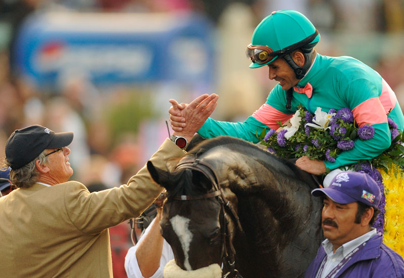 Zenyatta and jockey in teal and pink silks.